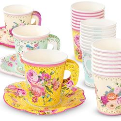 Talking Tables TS6-CUPSET-VINTAGE 12 pacotes de papel de desenhos vintage mistos com pega e pires