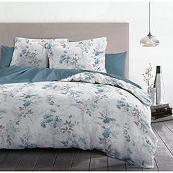 Home Linge Passion, Funda nórdica – 3 Piezas, 100% algodón, 57 Hilos, 2 Personas, 240 x 260 cm, Pompadour Blanco Arcilla y Azul HP62671