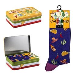 DRW Confezione regalo Calze alimentari messicani colore nero taglia unica in scatola di metallo, taglia unica