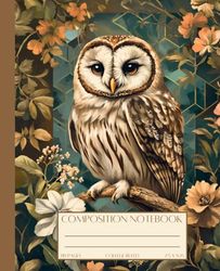 Composition Notebook: Vintage Owl On A Branch Illustrated Cover College Ruled Notebook, 110 Pages, 7.5 x 9.25
