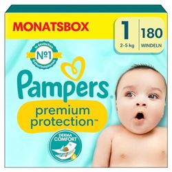 Pampers Premium Protection Lot de 180 couches pour bébé Taille 1 (2-5 kg) Nouveau-né Paquet semi-mensuel Excellent confort et protection pour les peaux sensibles