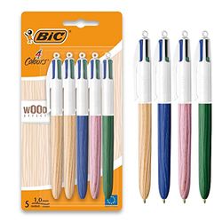 BIC 4 Colori Wood Effect, Penne Multicolore, Set di 5 Penne a Sfera con Fusti Effetto Legno, Cancelleria Scuola e Università