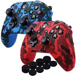 YoRHa Water Transfer Printing Camouflage Silicone Cover Skin Case for Microsoft Xbox One X & Xbox One S controllerx 2(red&blue) With PRO thumb grips x 8