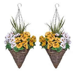 GreenBrokers 2 x Artificielle en Forme de cône paniers à Suspendre avec Fleurs Jaunes et Blancs et de décoration d'herbes (Lot de 2)