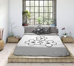 Tsuki Daisy Beddengoedset, katoen, wit, grijs, voor bedden met een breedte van 105 cm