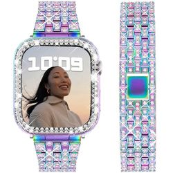 DEALELE Band Compatibel met iWatch 41mm 45mm, Bling Diamant Rhinestone Metal Armband met Beschermende Hoesje Case Vervanging voor Apple Watch Series 8/7 Women Men, 45mm, Regenboog