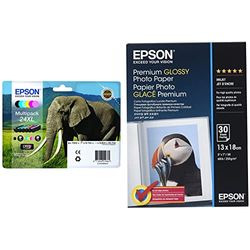 Epson 24XL Serie Elefante Cartuccia Originale, Multipack, XL, 6 Colori & Super Carta Fotografica Lucida, 30 fogli, 13 x 18 cm