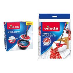 Vileda Spin & Clean Sistema de Fregado, Rojo y Negro, 335 x 176 x 343 mm + Turbo 2in1 Recambio de Microfibras y Poliamida, Color Rojo y Blanco