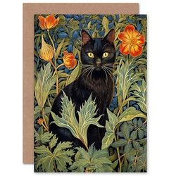 Artery8 Black Cat in Wildflower Meadow Cat Lover for Wife Her Mum Sister Daughter Mom Gran Nan Mothers Day Birthday Thank You Blank Art Greeting Card