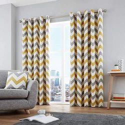 Fusion Chevron Cheurão cinzento e amarelo, 117 x 183 cm, 100% algodão, 2 peças, zigue-zague, ilhoses em ocre e branco, cortinas com padrão geométrico para quarto e sala, W 46,1" x L de 72" (2 peças)