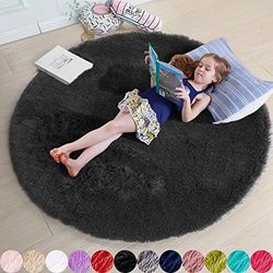 Amdrebio Alfombra Redonda Negra para Dormitorio, Alfombra Circular esponjosa de 4 x 4 pies para habitación de los niños, Alfombra Peluda para habitación de Adolescentes, Alfombra lanuda para