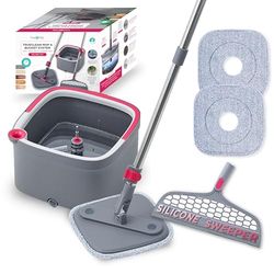 True & Tidy True Clean Spin Mop e Secchio System, include mocio rotante, secchio a doppio scomparto, spazzola per pavimenti in silicone, 2 panni in microfibra lavabili spessi, set deluxe SPIN-800A
