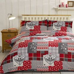 Alpine Patchwork 100% geborsteld katoen flanel hart dekbedovertrek en 2 kussensloop beddengoed bedset, rood/meerkleurig, tweepersoons