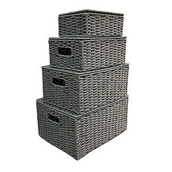 Arpan Set Of 4 Paper Rope Storage Hamper Basket With Lid - Including Xlarge,Large,Medium,Small (Grey)