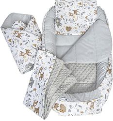 Medi Partners 5-delige Babynest Set 100x60x15 Uitneembaar inzetstuk Bed Knuffel Nestje Baby deken Pasgeboren 100% katoen (Fawns met grijze Minky)