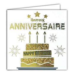Kaart, vierkant, goudkleurig, geluk, verjaardag, Happy Birthday, cake, kaarsen, vuurwerk