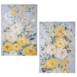 DRW Set di 2 quadri di tela con fiori gialli bianchi e verdi dipinti a mano 40% 100x70x3 cm