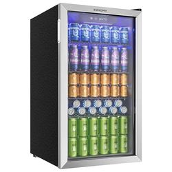 EUHOMY 90L Drinks Fridge, 126 Can Beer Fridge with Glass Door, Small Refrigerator with Adjustable Shelves for Soda Beer or Wine, Home/Bar/Office, Silver, Steel, One-Touch Control