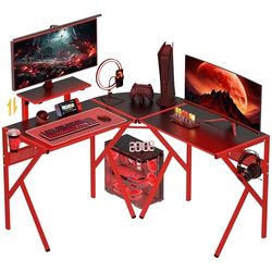 HOMCOM - Escritorio para juegos, escritorio esquinero, escritorio, 125 x 125 cm, en forma de L, con bandeja de fibra de carbono, soporte de pantalla, soporte para vasos y gancho para casco, color rojo