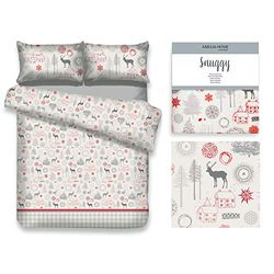 AmeliaHome 3-Piece Flannelette Bed Linen 200 x 200 cm with 2 Pillowcases 80 x 80 cm 100% Cotton Duvet Cover Zip Snuggy Lappi Christmas Trees Reindeer Stars White Red Grey