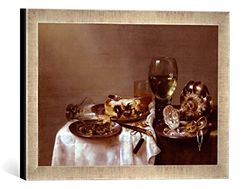 Ingelijst beeld van Willem Claesz. Heda "Een ontbijttafel met een braampastete", kunstdruk in hoogwaardige handgemaakte fotolijst, 40x30 cm, zilver raya