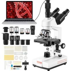 VEVOR Microscopio Compuesto Trinocular Microscopio Biológico 40X-5000X Enfoque Fino y Grueso de Precisión con Interfaz de Etapa 2 Capas para Computadora o Monitor Externo Investigación Educativa
