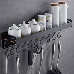 SOSmart24 Pure Black Kruidenrek voor aan de muur, van metaal, met 8 haken, zwart, Scandinavisch minimalisme, wandrek, organizer, keuken, keukenrek, keukenhulp, kruidenhouder, rek, kruidenpotjes, rek