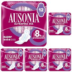 Ausonia Ultrafina Compresas con Alas, Super, 12 Unidades, Hasta 8 Horas de Protección (Paquete de 5)