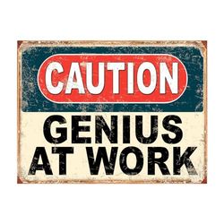 Shawprint Caution Genius At Work Funny Metal Signs Home Pub Indoor & Outdoor Garden Bar Garage Vintage Wall Plaque Gift Retro (A4)