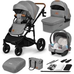 LIONELO MARI TOUR 3en1 Poussette Canne Bébé jusqu'à 22 kg Nacelle Siège-auto Réglage du Dossier Pliable Ceintures à 5 points, Roues Tout Terrain 360° Poussettes Combinées (Grey)