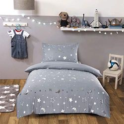 Dreamscene Galaxy metallisk folie måne rymden stjärnor mönstrat tryckt påslakan täcke barn barn sängkläder set, silvergrå - enkel