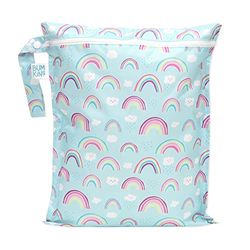 Bumkins Waterproof Wet Bag for Baby, Travel, Swim Suit, Cloth Diapers, Pump Parts, Pool, Gym Clothes, Toiletry, Strap to Stroller, Daycare, Zipper Reusable Bag, Wetdry Packing Pouch, Rainbows Blue