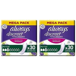 Always Discreet, 30 Serviettes Hygiéniques Incontinence Femme, Normal 3 Gouttes, Protection Absorbante pour Fuites Urinaires Modérées, Mega Pack (Lot de 2)