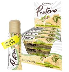 IronMaxx Proteino Protein Bar, White Chocolate Pistachio 12 x 30g, high Protein bar Based on Waffle with Creamy Filling, Low Sugar Protein bar Gluten Free and Palm Oil Free