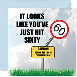 Funny 60th Birthday Cards for Men Woman - Just Hit Happy Birthday Card for Dad Mum Brother Sister Grandad Nanny Grandma Uncle Auntie, 145mm Banter Joke Bday Greeting Cards