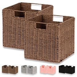 Vagusicc Rieten manden, set van 2 handgeweven papieren touw opvouwbare cubby opbergbakken, grote rieten opbergmand voor planken voorraadkast organiseren en decoreren, bruin (11 ″ × 11 ″ × 11 ″)