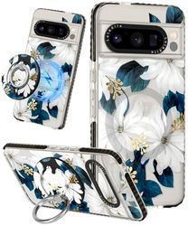 Lotadilo Urocze etui do Google Pixel 8 Pro, kompatybilne z Magsafe, magnetyczny pierścień, stojak, podpórka dla kobiet, dziewcząt, śmieszne, modne, ładne etui na telefon z TPU, wzór w niebieskie