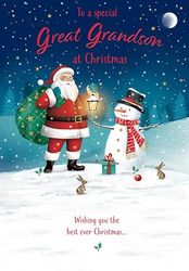 Piccadilly Greetings Kerstkaart naar een speciale achterkleinzoon Kerstman & Sneeuwman - 9 x 6 inch