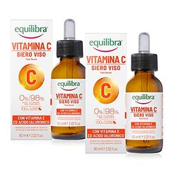 equilibra Viso, Siero Viso Vitamina C Con Vitamina E, Acido Ialuronico E Aloe Vera, Dona Luminosità E Freschezza, Adatto Per Pelli Sensibili, Non Unge, Assorbimento Rapido, 2 Pezzi Da 60 Ml