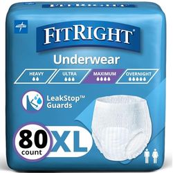 FitRight Super Adult Incontinence Underwear, Maximum Absorbency, X-Large, 56-68, 4 Packs of 20 (80 Total)