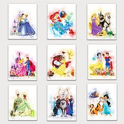 DERMAN HOUS Decoración de pared de princesa alemana, juego de 9 impresiones en acuarela, 8 x 10 pulgadas, decoración de dormitorio de princesa, decoración de pared para niñas, sin marco