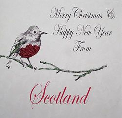 white cotton cards Merry Happy New Year, Handmade Christmas Card (Town Scotland, Robin)