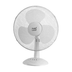 Witte tafelventilator, elegant en praktisch. Met 25 W, 2 snelheden en oscillatie. 3 vleugels zorgen voor frisheid. Afmetingen: 35,5 x 27 x 17 cm, perfect voor elke ruimte.