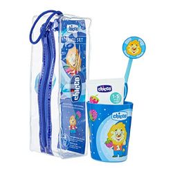 Chicco Set Igiene Orale Da Viaggio Con Astuccio, Pochette Contiene Un Bicchierino in Plastica, Uno Spazzolino da Denti 3 Mesi+ e Un Dentifricio Alla Fragola, Blu, 3 Mesi+