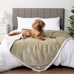 PetAmi Waterproof Dog Blanket for Bed, XL Dog Pet Blanket Couch Cover Protector, Sherpa Fleece Leakproof Blanket for Crate Kennel Sofa Furniture Queen Bed Protection Reversible Soft Plush 90x90 Taupe