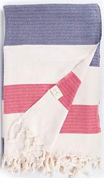Bersuse 100% Coton - Aspendos XXL Couverture, Jeté de Lit ou de Canapé - Fouta Peshtemal Serviette de Plage - Serviette Turque - Oeko-TEX - 150x230 cm, Bleu Marine-Rouge
