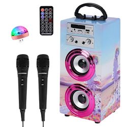Máquina de Karaoke Portátil DYNASONIC, Altavoz Karaoke con 2 Micrófonos, Altavoz Bluetooth, Luz USB incluida, Lector USB y SD, diseño Exclusivo, Regalo Original (025-17 luz)