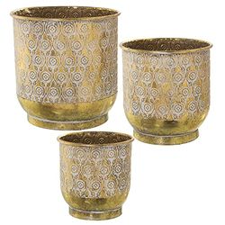 DRW Set van 3 plantenbakken van metaal in de vorm van een bloempot in goud en wit, 33 x 33 cm, 27 x 28 cm en 23 x 23 cm