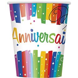 Unique Party 56906 - 9oz Rainbow Ribbons Joyeux Anniversaire Paper Cups, Pack of 8