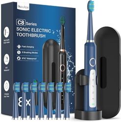 Brosses à Dents Électriques Soniques avec 8 Têtes - Brosse à Dents Électrique Adultes avec Étui, 5 Modes et IPX7, Brosses à Dents Électriques à Ultrasons pour Femmes Hommes, Bleu Marine